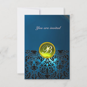 Invitation DAMASK GEM STONE MONOGRAMME bleu jaune rsvp