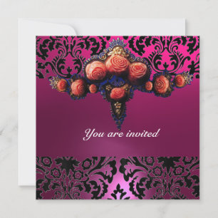 INVITATION DAMASK GEMME ET ROSES PINK MONOGRAMME