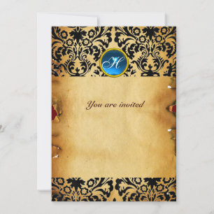 Invitation DAMASK GEMME MONOGRAMME parchemin bleu