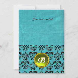 Invitation DAMASK GEMME MONOGRAMME soie bleu noir blanc