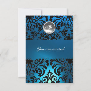 Invitation DAMASK GEMME NOIR & BLEU MONOGRAMME blanc