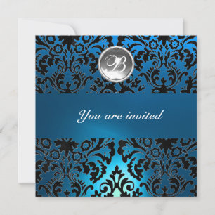 Invitation DAMASK GEMME NOIR & BLEU MONOGRAMME blanc