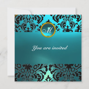 Invitation DAMASK GEMME PIERRE MONOGRAMME aigue-marine bleue