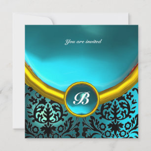 Invitation DAMASK GEMME PIERRE MONOGRAMME aigue-marine bleue