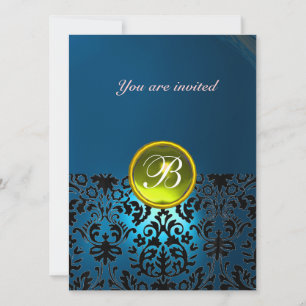 Invitation DAMASK GEMME PIERRE MONOGRAMME bleu jaune rsvp