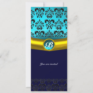 Invitation DAMASK GEMME PIERRE MONOGRAMME ,bleu turquoise