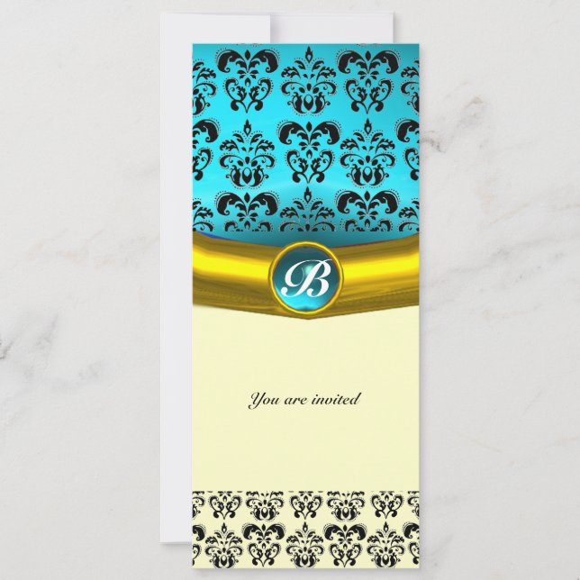 Invitation DAMASK GEMME PIERRE MONOGRAMME ,bleu turquoise (Devant)