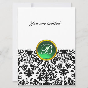 Invitation DAMASK GEMME PIERRE MONOGRAMME jade vert blanc