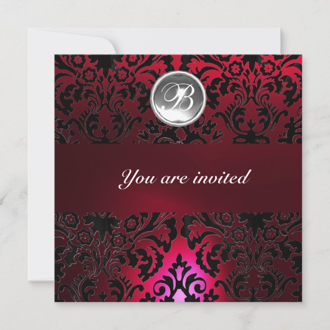 Invitation DAMASK GEMME PIERRE MONOGRAMME rouge burgundy blan (Devant)
