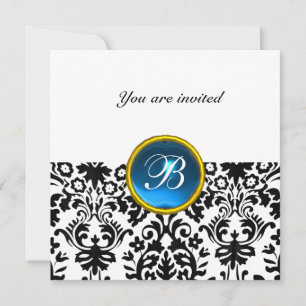 Invitation DAMASK GEMME PIERRE MONOGRAMME saphir bleu blanc