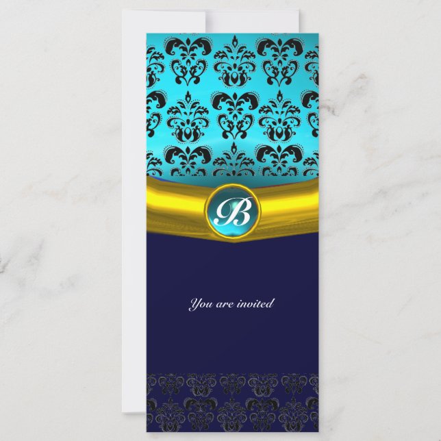 Invitation DAMASK GEMME PIERRE MONOGRAMME , turquoise bleu (Devant)