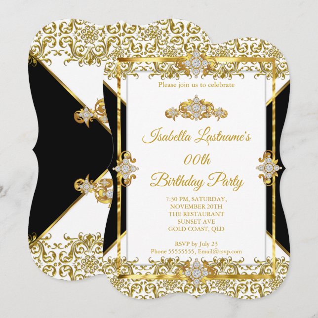 Invitation Damask Gold Black White Diamond Anniversaire (Devant / Derrière)