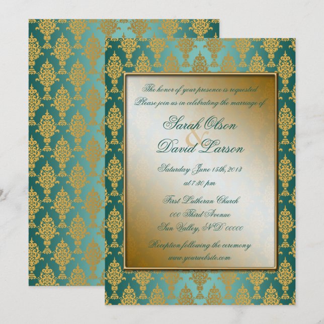 Invitation Damask Gold sur Turquoise (Devant / Derrière)