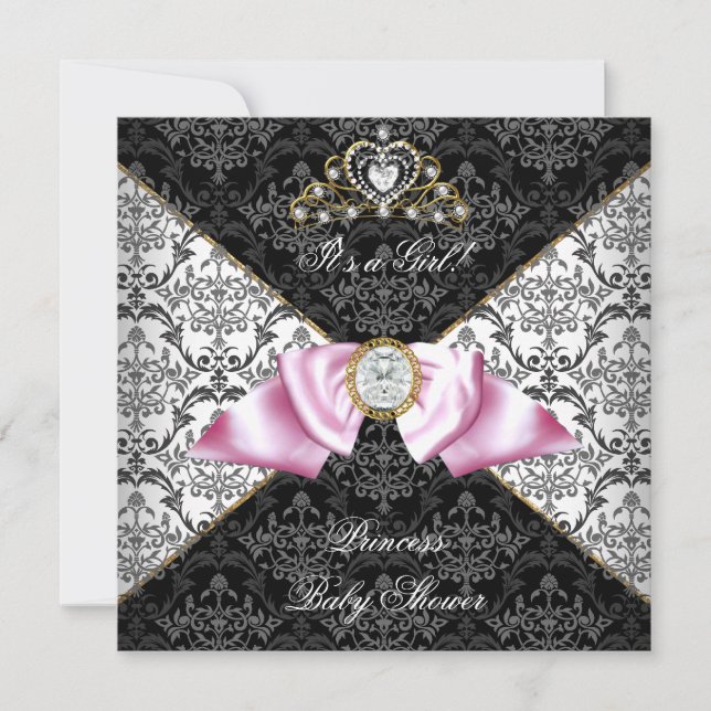 Invitation Damask Grey Baby shower Girl Black Rose Princess (Devant)