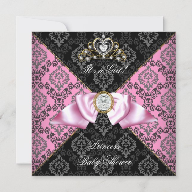 Invitation Damask gris noir rose princesse Baby shower fille (Devant)