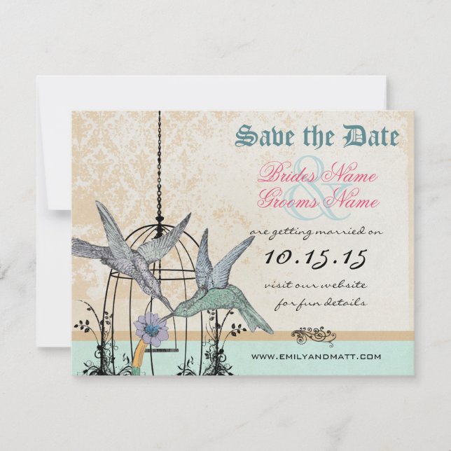 Invitation Damask Hummingbird Birdcage Mariage Enregistrer la (Devant)
