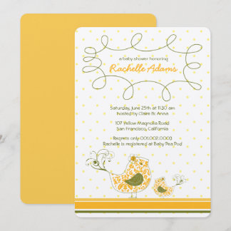 Invitation Damask Maman Et Bébé Oiseau Chic Baby shower Jaune
