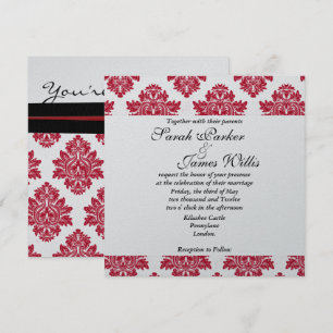 Invitation Damask Mariage métallique rouge et noir en argent