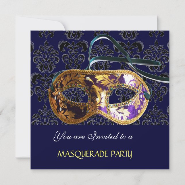 Invitation DAMASK MASQUERADE PARTI bleu (Devant)