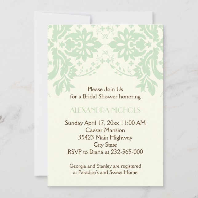 Invitation Damask menthe green, ivoire mariage douche nuptial (Devant)