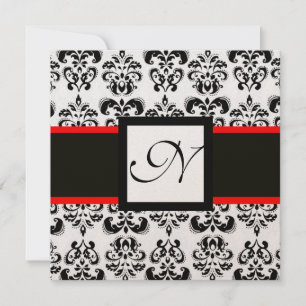 Invitation DAMASK MONOGRAM, Noir, Blanc, Champagne Rouge Meta