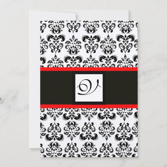 Invitation DAMASK MONOGRAM,Noir,Blanc,Rouge Champagne Métalli (Devant)