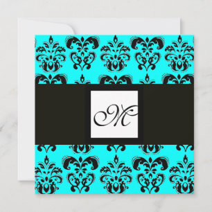 Invitation DAMASK MONOGRAM, noir et blanc, turquase bleue