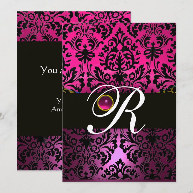 Invitation DAMASK MONOGRAM NOIR VIOLET ROSE Améthyste Fuchsia (Devant / Derrière)