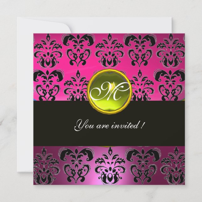 Invitation DAMASK MONOGRAMME NOIR ROSE, topaze jaune (Devant)