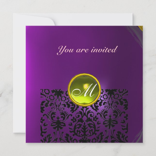 Invitation DAMASK MONOGRAMME PIERRE PRÉCIEUSE jaune violet (Devant)