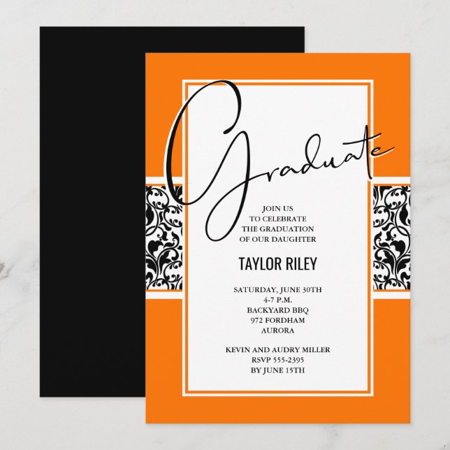 Invitation Damask Orange Black Graduation Party (Devant / Derrière)