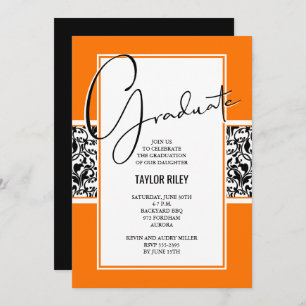Invitation Damask Orange Black Graduation Party