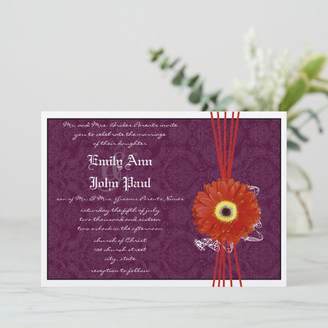 Invitation Damask Orange Purple Gerber Daisy Mariage Inviter (Debout devant)