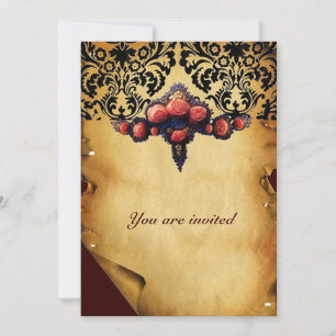 INVITATION DAMASK PARCHMENT ET ROSES DE CORAIL ROSE
