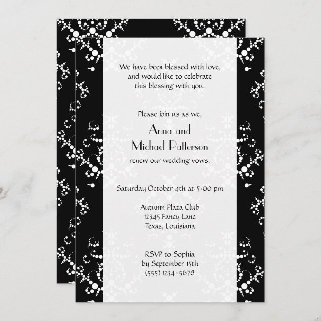 Invitation Damask Pattern, Black and White, Vow Renewal (Devant / Derrière)