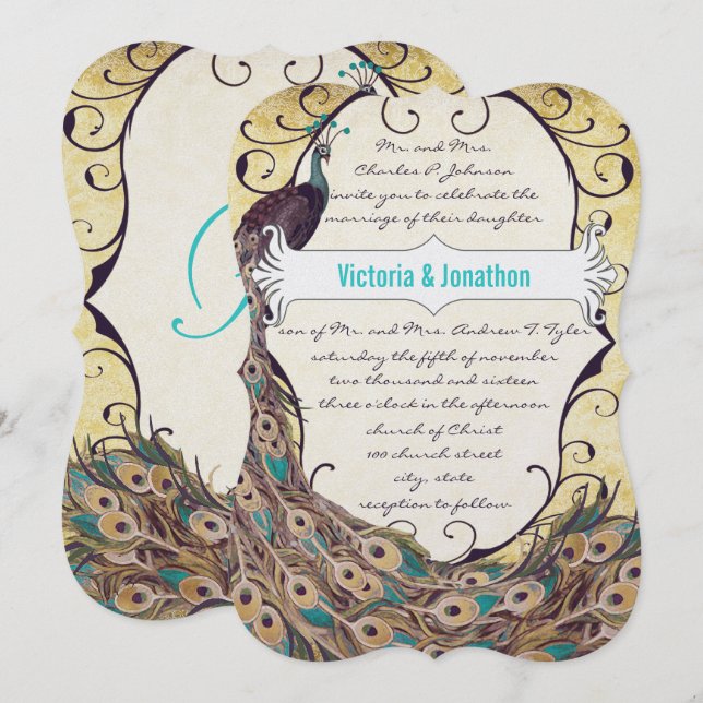 Invitation Damask Peacock Elegance Eggplant Gold et Aqua (Devant / Derrière)