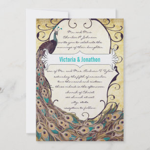 Invitation Damask Peacock Elegance Eggplant Gold et Aqua