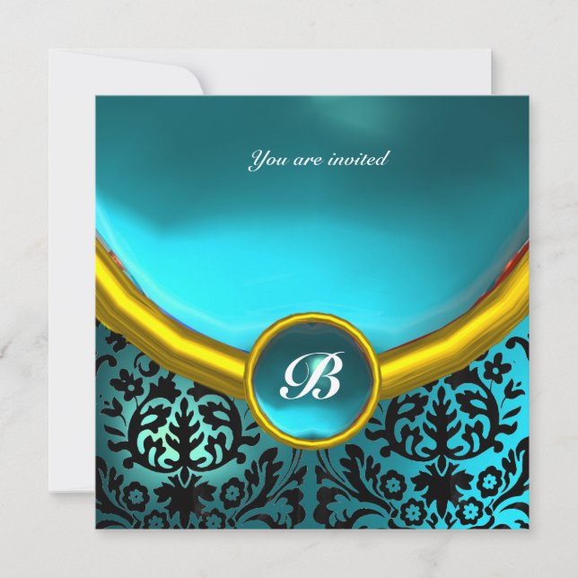 Invitation DAMASK PIERRE PRÉCIEUSE MONOGRAMME aigue-marine bl (Devant)