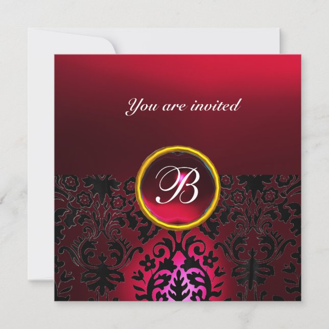 Invitation DAMASK PIERRE PRÉCIEUSE MONOGRAMME rouge rubis bur (Devant)