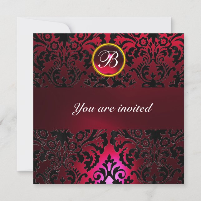 Invitation DAMASK PIERRE PRÉCIEUSE MONOGRAMME rouge rubis bur (Devant)