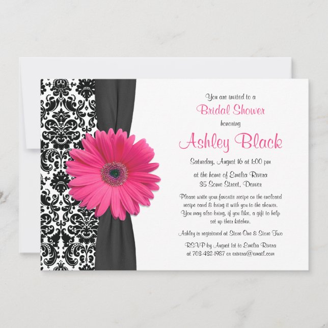 Invitation Damask Pink Gerbera Daisy Recette Fête des mariées (Devant)