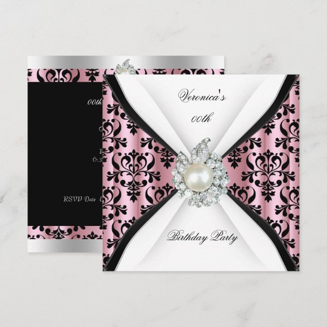Invitation Damask Pink Pearl Diamond fête d'anniversaire (Devant / Derrière)