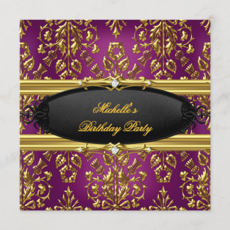 Invitation Damask Plum Anniversaire Party Gold Black Diamond