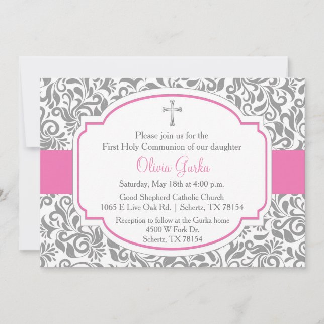Invitation Damask Rose Girls First Communion Card (Devant)