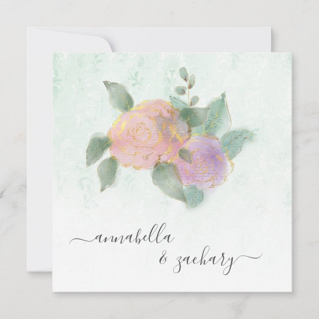 Invitation *~* Damask ROSE QR RSVP Paillettes -  AR12 Mariage (Devant)