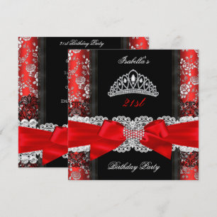 Invitation Damask Rose Rouge Noir Blanc Tiara fête d'annivers