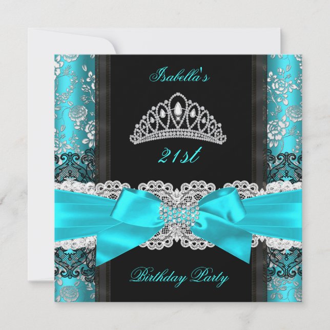 Invitation Damask Rose Turquoise noir blanc Tiara fête d'anni (Devant)