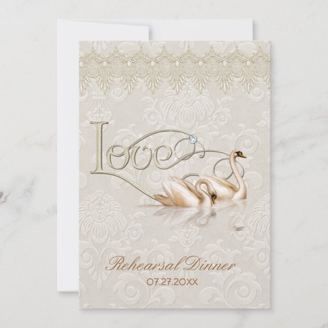 Invitation Damask Swan Elegance Ivory - Dîner de répétition (Devant)