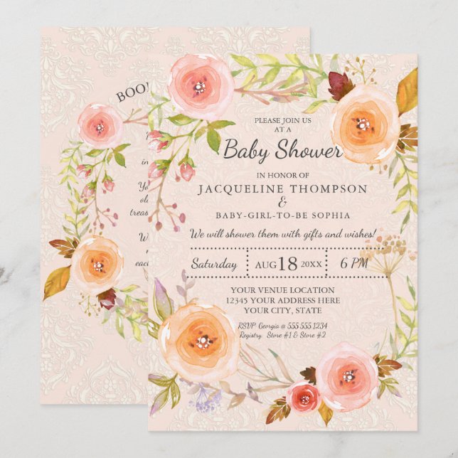 Invitation Damask Typographie Blush n Or Aquarelle Florale (Devant / Derrière)