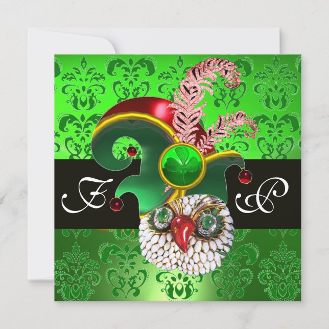 INVITATION DAMASK VERT, JEWEL OWL, ELF CASQUETTE, PLUMES DE D (Devant)